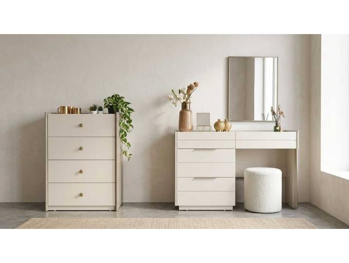 JVmoebel Schminktisch Schminktisch Set Beige Modern Luxus Kommode Spiegel Hocker