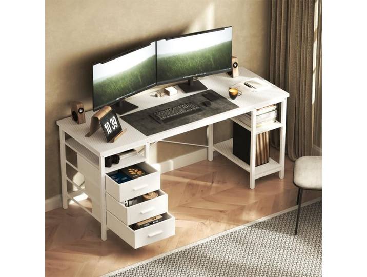 Bureau avec 3 Tiroirs en Tissu 140 × 60 ×75 cm Bureau Gaming avec 3 étagères Bureau Gamer Marron