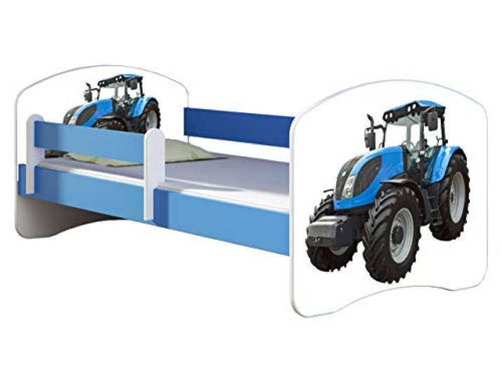 ACMA Kinderbett 140x70 cm Blau mit Matratze & Lattenrost – Jugendbett mit Rausfallschutz, personalisiertes Motiv 42 Traktor, stabiles Kinderbett für Kinderzimmer, belastbar bis 120 kg