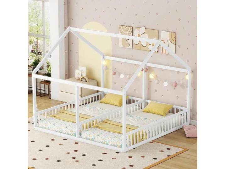 Lit enfant - KOMHTOM - Lit maison 2en1 - 90x200 cm - Haute barrière - Sommier à lattes