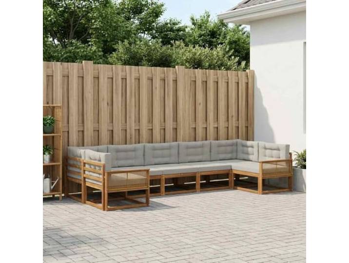 HFMDRMU Outdoor-Sofagarnitur mit Kissen 7-teilig aus massivem Akazienholz, natürliche Farbe und hellgraue Polster, modernes Terrassenmöbel-Set mit Lattenrahmen und Armlehnen für Komfort