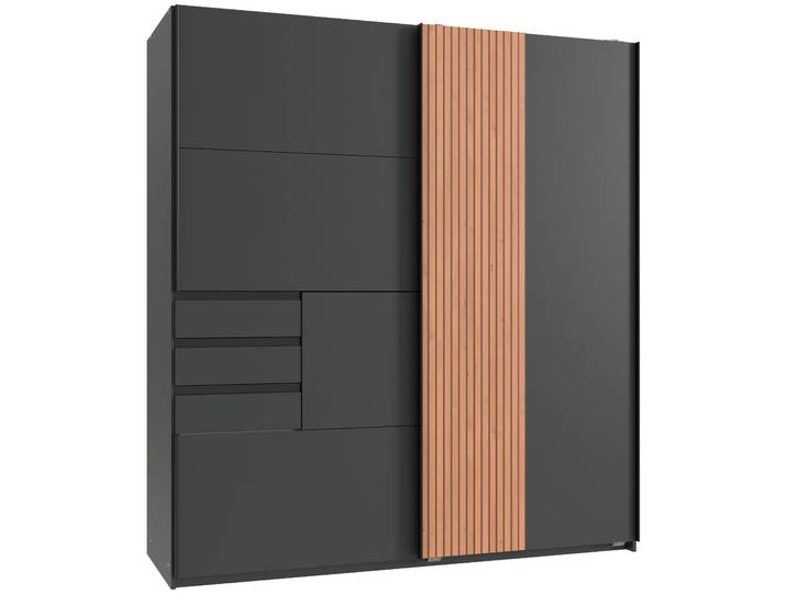Schwebetürenschrank WIMEX Coburg, Kleiderschrank Made in Germany , schwarz (graphit, akustiklamellen nachbildung artisan eiche nachbildung), B:180cm H:198cm T:65cm, Holzwerkstoff, Schränke, Schwebetürenschrank, mit Akustikpaneel Optik oder Holzoptik eichefarben, 180cm breit