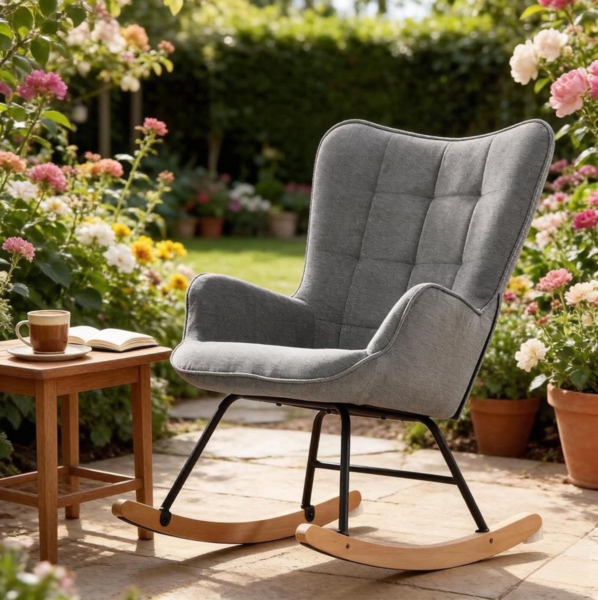 MODENUIT Fauteuil - Schommelstoel met Hoge Rugleuning - Velvet - Donkergrijs