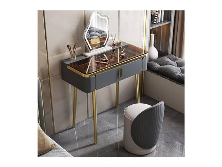 zhangrui1888 Schminktisch Make-up-Waschtisch mit Glam-Glasplatte, Make-up-Tisch Spiegel und Stuhl Schlafzimmer-Make-up-Waschtisch ﻿(Dark Grey,Groß)