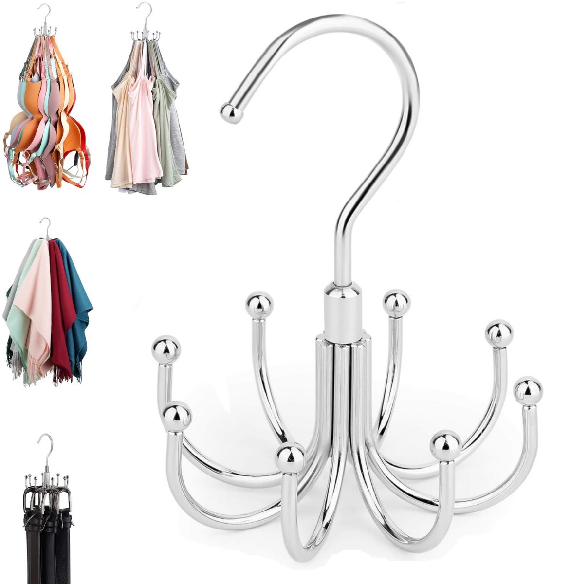 Multifunctionele roterende octopushaak voor kleding en accessoires, 360 graden draaiend, zilver