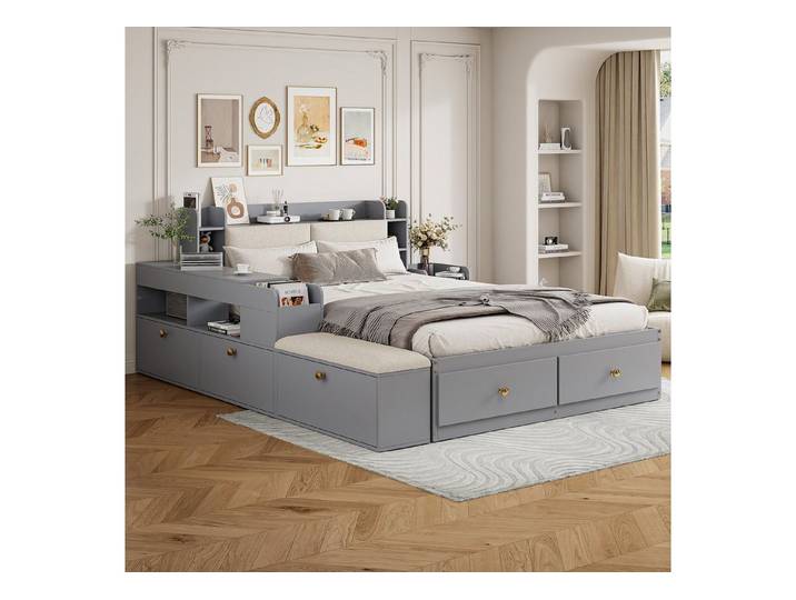 STILVORA Bettgestell 140×200 Jugendbett mit Matratze,Funktionsbett mit Nachttisch&Stauraum, mit Matratze