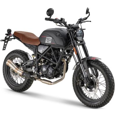 Motorrad PRIKE "PXS 125 Scrambler, E5+", schwarz (schwarz, braun), Motorroller, ohne Topcase, 85 km/h, 7,3 kW, 9,9 PS, CBS, 125er Scrambler-Design, digitales Cockpit, B:88cm H:112,5cm L:204,5cm