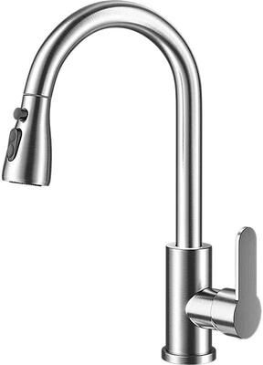 Uplifted Finds 304 Stainless Steel Pull Out Kitchen Sink Faucet Deck Mounted Mixer With Stream Sprayer silver a
