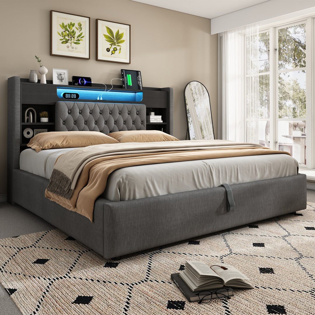 17 Stories Lift Up Storage Bed Frame Gray King