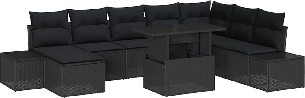 Gartenmöbel-Set, modular, höhenverstellbarer Tisch, 7-Sitzer, Poly-Rattan & Stahl, UV-beständig, Stauraum, wetterfest, Schwarz