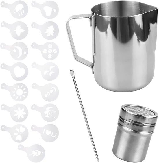 Benza Ibenzoa Latte-art set met 600 ml roestvrijstalen melkkannetje, doseerder met deksel, latte-art pen en 16 sjablonen