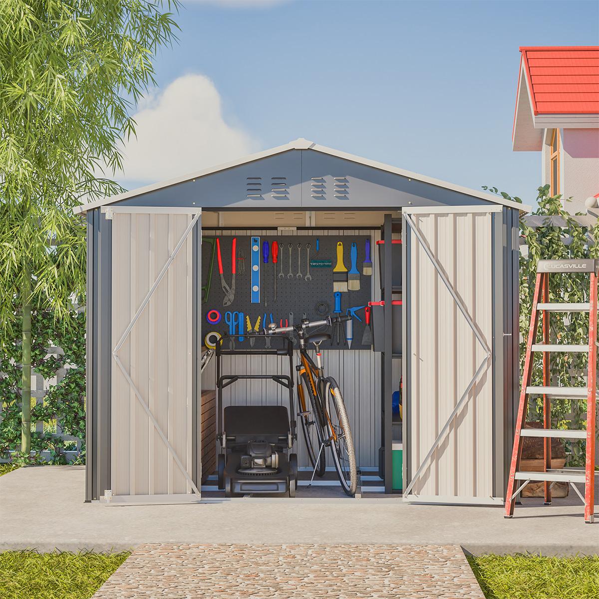 Gerätehaus mit Klapptür Metall-Tool-Shed Geräteschuppen für Gartengeräte und Werkzeugaufbewahrung 8x6FT Anthrazit