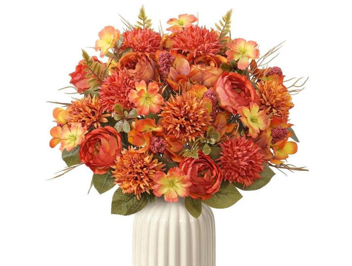 Kunstblumen Herbststrauß 2er Set Pfingstrosen Chrysanthemen 32 cm Orange, 30 cm, Dekoration, Blumen & Blumentöpfe, Kunstblumen