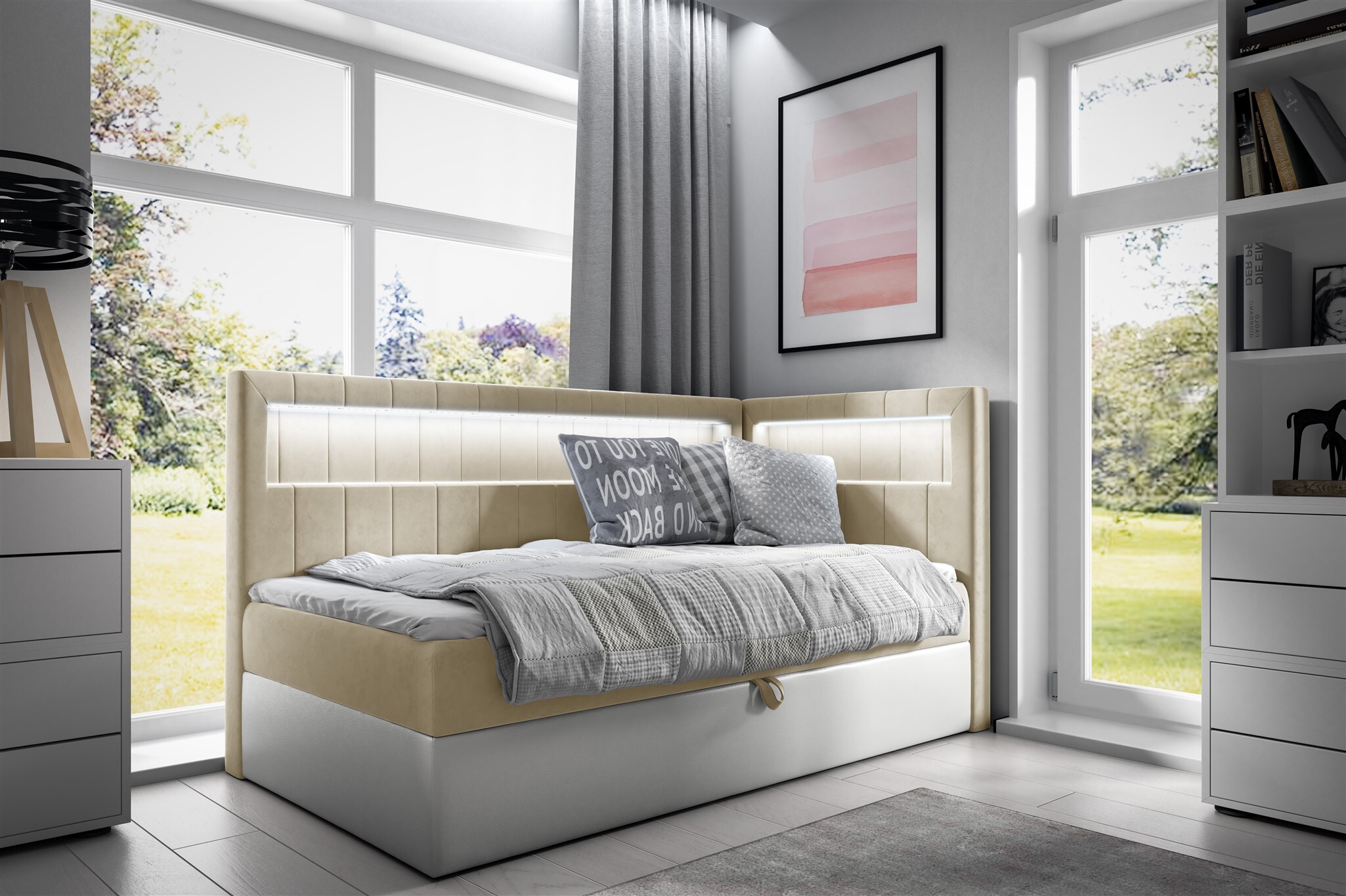 Boxspringbett Gästebett Kinderbett FABIAN Nr.3 90x200cm Weiss-Beige Seite Rechts