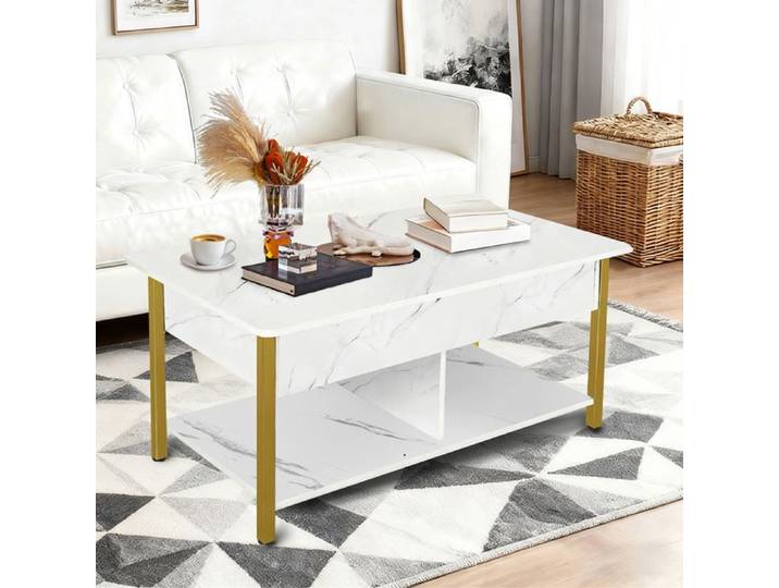 MIPAN. TABLE PRATIQUE MULTIFONCTIONNELLE POUR SALON - TABLE BASSE - RELEVABLE - 90*48*62CM - BLANC + OR