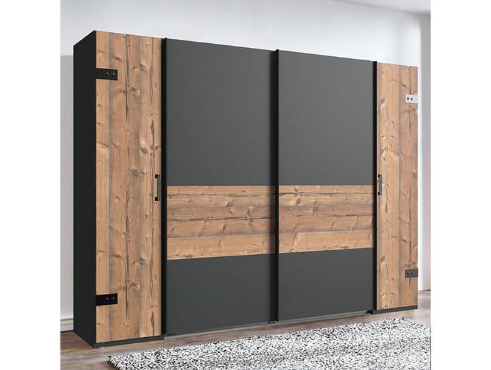 Lomadox Kleiderschrank SUNDERLAND-43 graphit grau Fichte Schwebetüren Industrial Design 272x208x65 cm