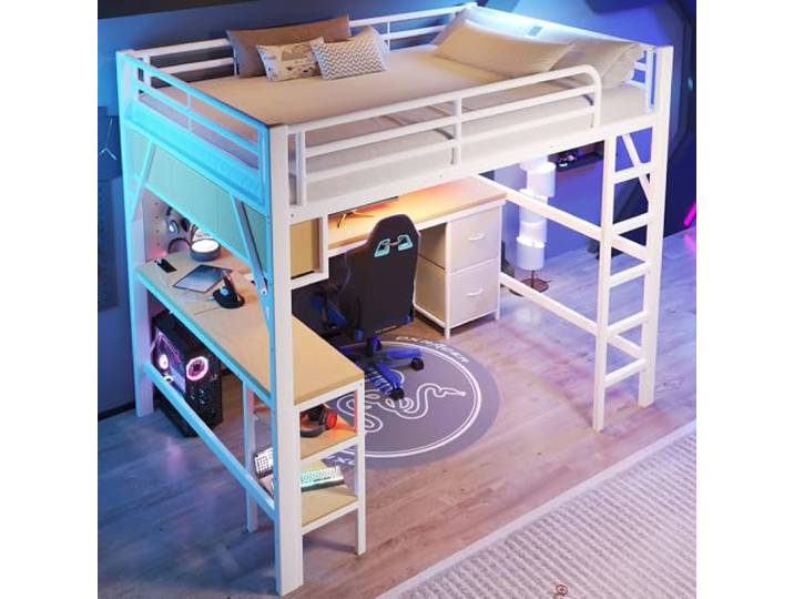 BTM Jugendbett 140x200cm Großes Metall Hochbett mit Schreibtisch, Bücherregal, Schrank, LED-Beleuchtung, Einzelbett mit Stauraum, Weiß