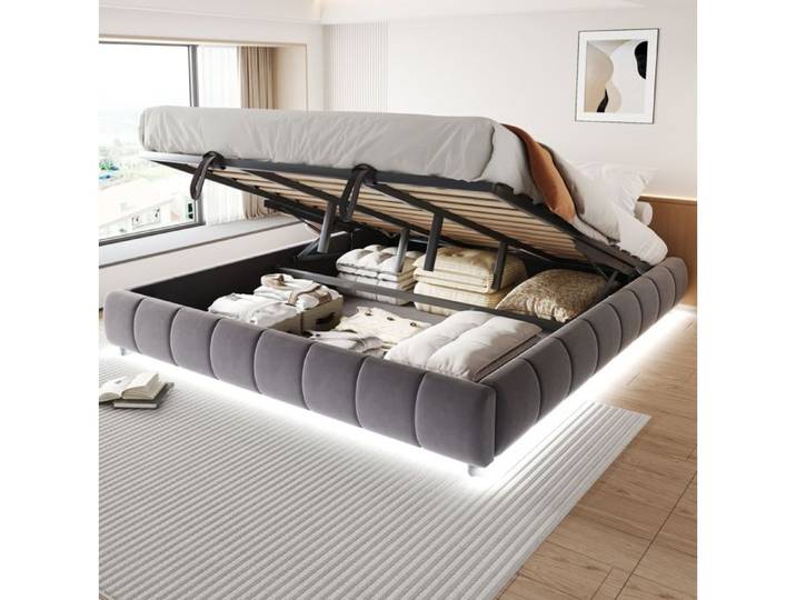 Lit Polsterbett 180x200 cm Gris Sans Tête avec Éclairage LED Cadre Hydraulique Flottant et Coffre de Rangement
