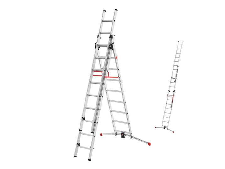 Hailo S100 ProfiLOT 3-teilige Alu-Kombileiter mit LOT-System - gleicht Unebenheiten aus - 2 x 9 + 1 x 8 profilierte Sprossen belastbar bis 150 kg - Aluleiter Germany - Leiter rostfrei - silber