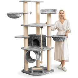 HAPPYPET Kratzbaum für Katzen groß 181 cm hoch - Stabiler Kletterbaum Katzenbaum, dicke Stämme mit 11 cm, Haus & Spieltunnel, große Liegemulden, Spietau mit Kratzrolle   Grau