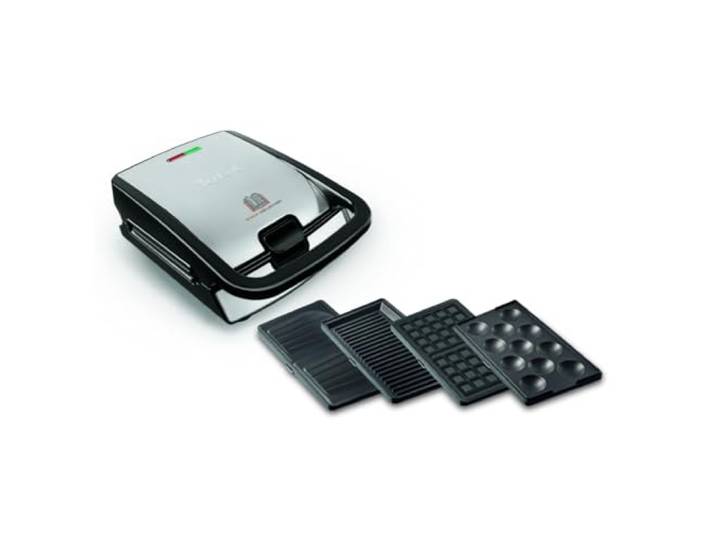 Tefal Snack Collection 4-er Set SW854D, Kombigerät, Inklusive 4 antihaftbeschichter Plattensets, Spülmaschinengeeignet, Panini, Waffeln, Sandwich, süße Küchlein, 700W,Schwarz/Edelstahl