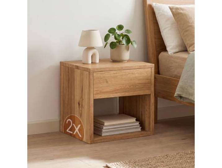 skølm Floki Nachttisch 2er-Set aus massiver Eiche, Natur, mit Schublade Nachtschrank 40x40x40 cm, Nachttischschrank, Bedside Table, Nachtkommode fürs Schlafzimmer, Nachtkästchen, Beistelltisch