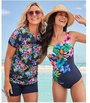 Plus Size Women's One-Piece Tank Swimsuit with Adjustable Straps by Swim 365 in Navy Multi Hibiscus Placement (Size 20)