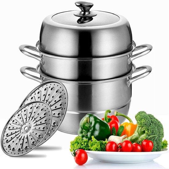 Zilverkleurige RVS Stoompan met 3 lagen voor gezond koken en grote capaciteit