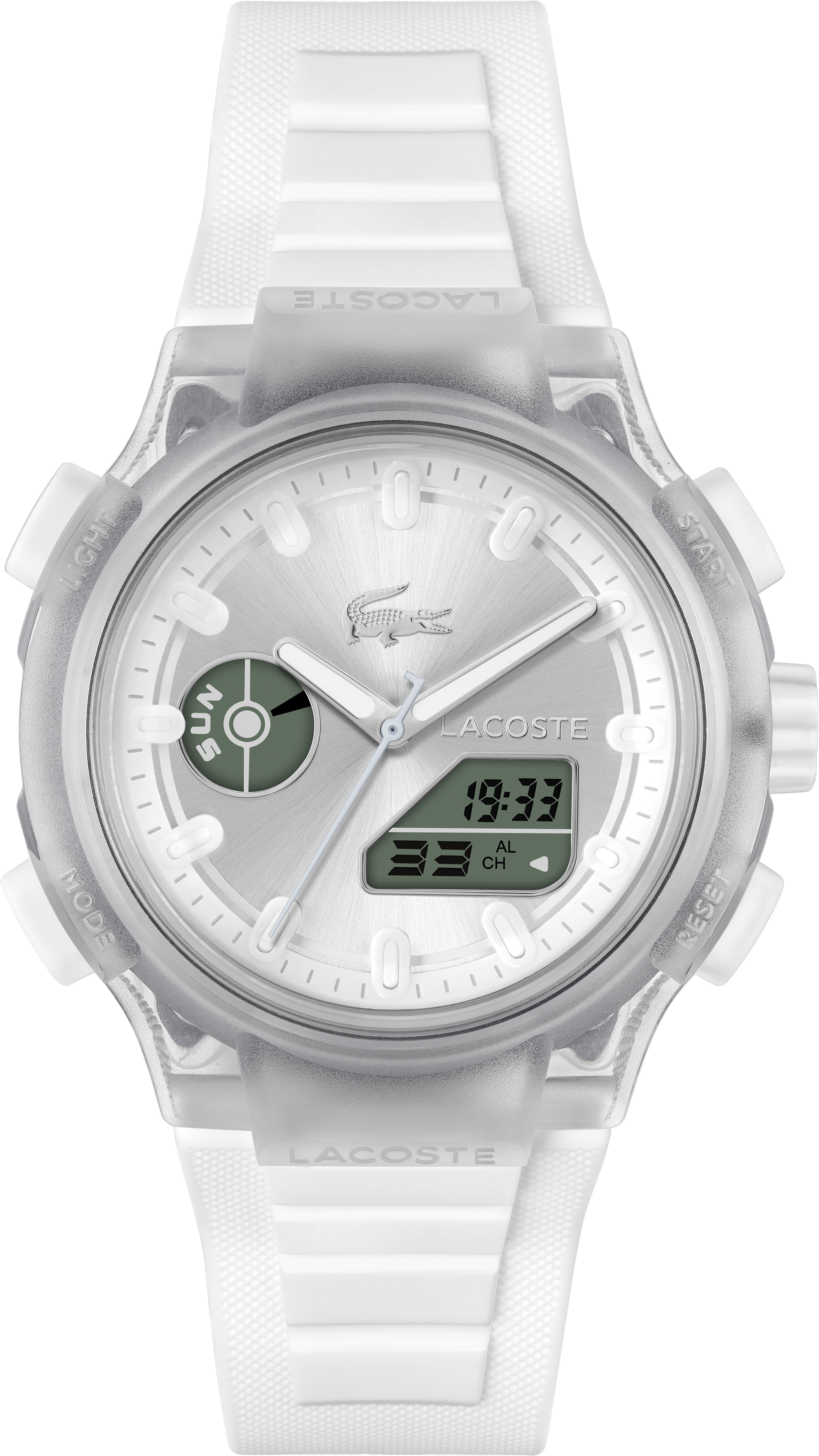 Digitaluhr LACOSTE "LC33", weiß (weiß, weiß, weiß, weiß), Armbanduhren, Damen, weiß, Digitaluhr, Quarzuhr, Armbanduhr, Damenuhr, Herrenuhr, Silikonarmband, analog