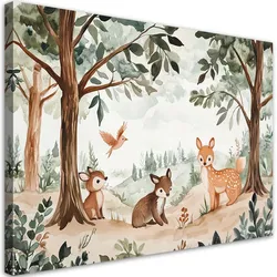 LEINWANDBILD Hirsch Vogel Waldtier Beige 100x70cm