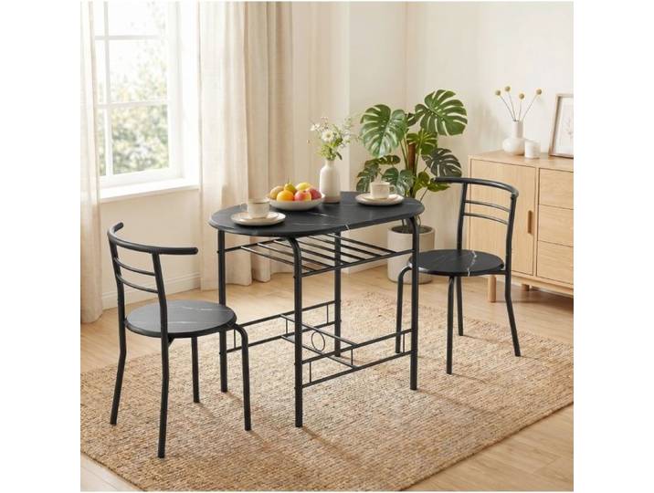Ensemble Repas 3 Pieces Noir Table De Cuisine Industrielle FloraGrace Pour Petit Espace Etagere Sous Table 80x52x76cm