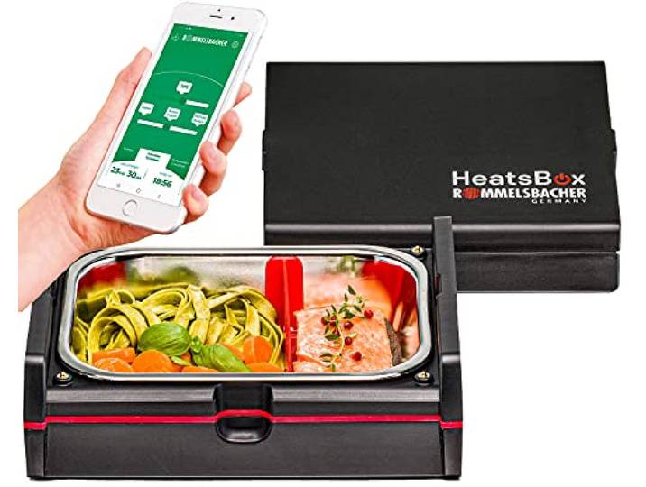 Rommelsbacher Beheizbare Lunchbox HB 100 Heatsbox - zum Erhitzen von Speisen, Zeitvorwahl, Edelstahl Schale (925 ml), Transportdeckel, per App & manuell steuerbar, 100 Watt, schwarz