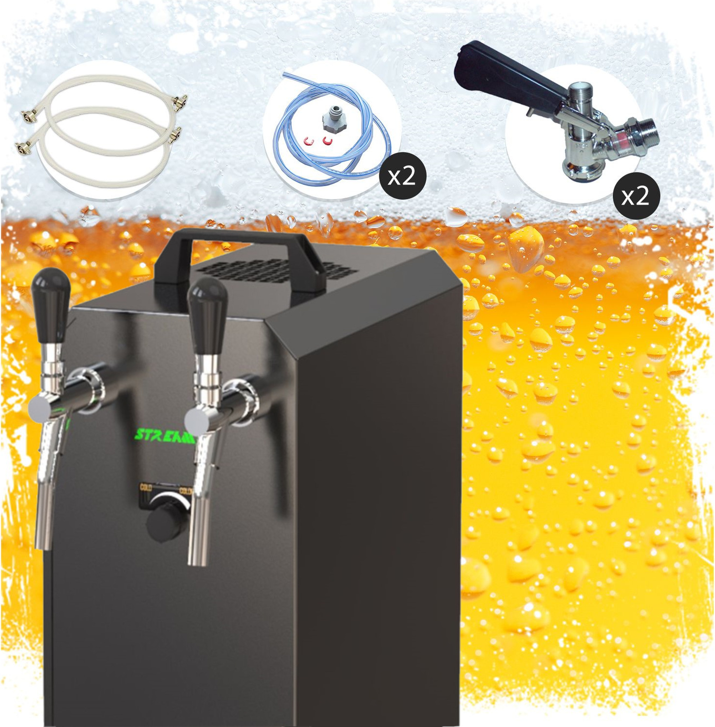 Komplett Set - Zapfanlage, Bierzapfanlage STREAM 50K mit Luftpumpe Bierkoffer, Durchlaufkühler 2-leitig Trockenkühler, bis zu 55 Liter/h - BLACK EDITION, KeyKeg,KeyKeg