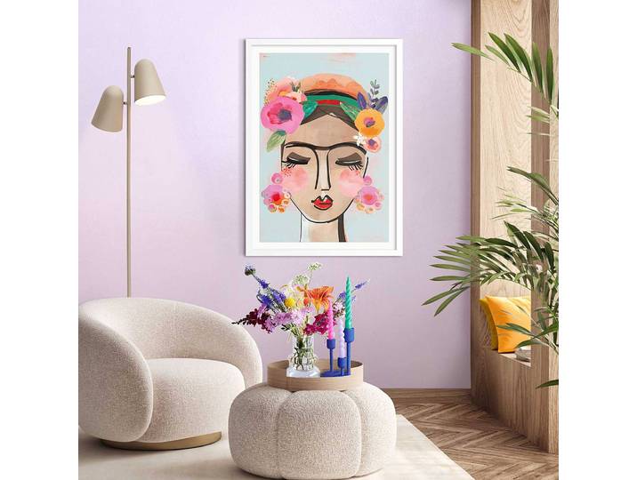 Tableau déco encadré Happy Face Impression dans cadre en bois, enduit Multicolore/Multicolore 50 x 70 x 2cm