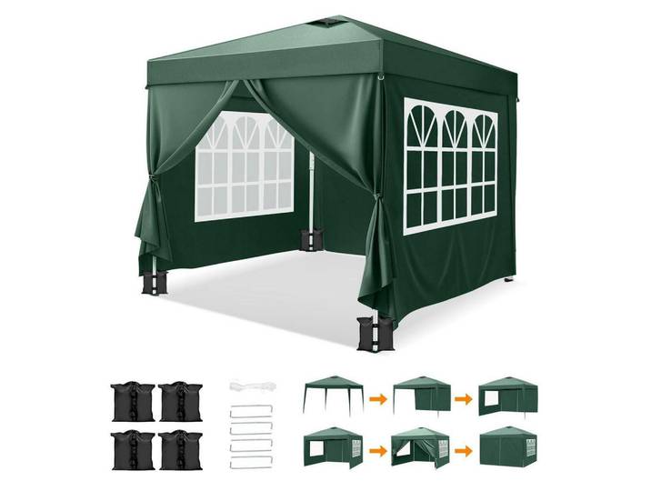 Pavillon 3 x 3 m Grün mit 4 Seitenteilen und Sandsäcken, 255x300x300 cm, Sonnenschutz, Pavillons