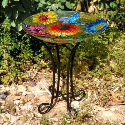 Hi-Line Gift Ltd. Solar Floral Glass Butterfly Bird Bath With Stand