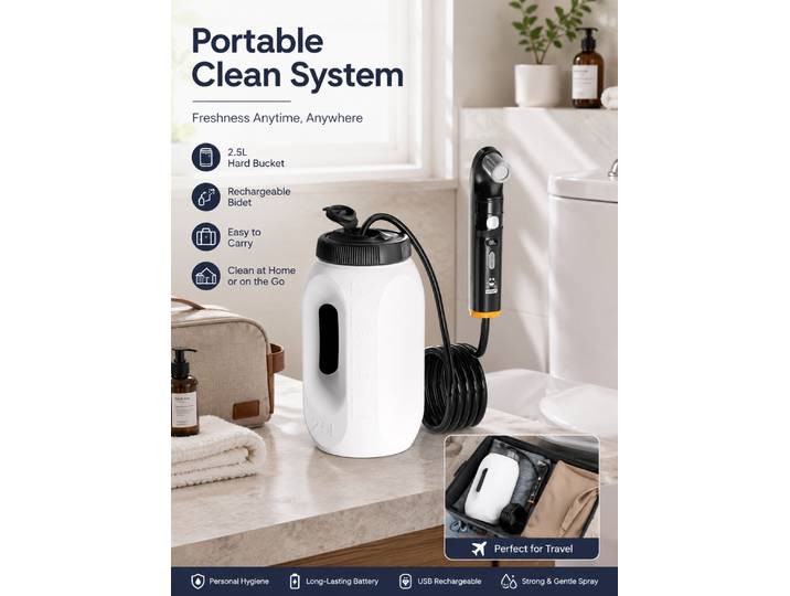 Bidet de voyage électrique 2 en 1 MintLeaf avec seau de 2,5 L, bidet portatif rechargeable 1600 mAh et douche de camping avec 2 modes de pulvérisation
