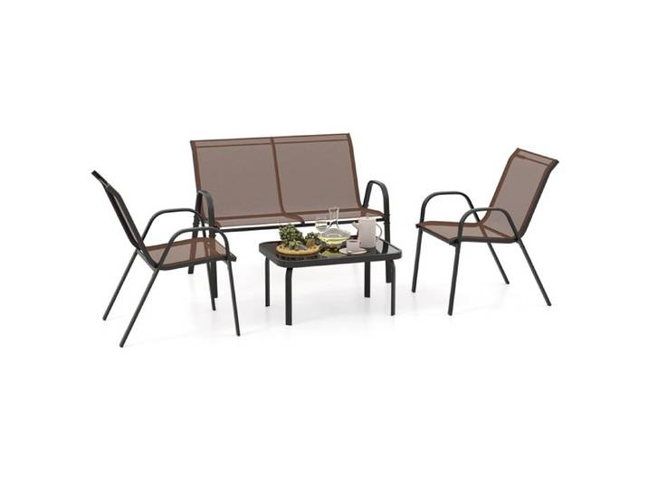 GOPLUS 4 Pcs Ensemble de Salon de Jardin avec 3 Chaises en Tissu et Table Basse en Verre Trempé pour Jardin Terrasse Marron