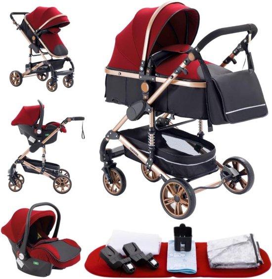 Kinderwagen 3-in-1 - Kombi-Kinderwagen - Bequemes Reisen - Doppelte Stoßdämpfung - Ab 0 bis 36 Monate - Rot