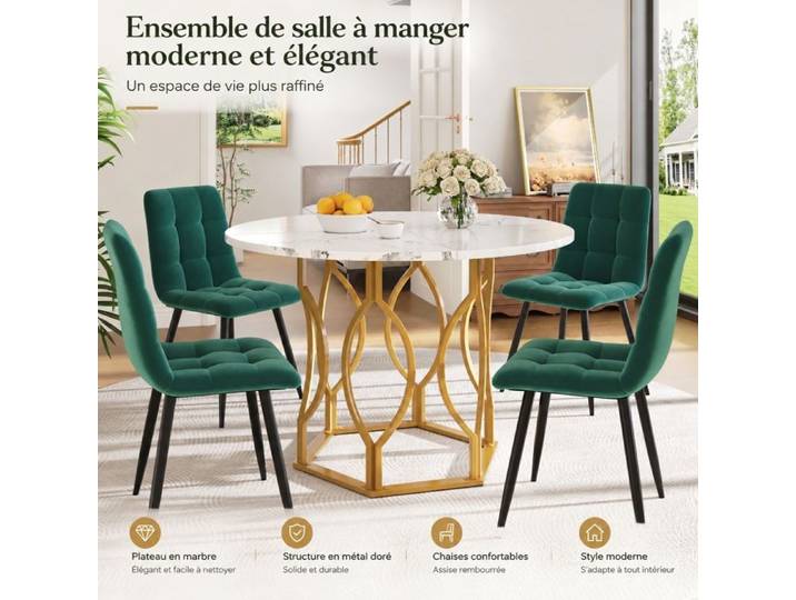 Ensemble table ronde et 4 chaises Norevia effet marbre blanc diamètre 100 cm velours vert foncé et métal doré