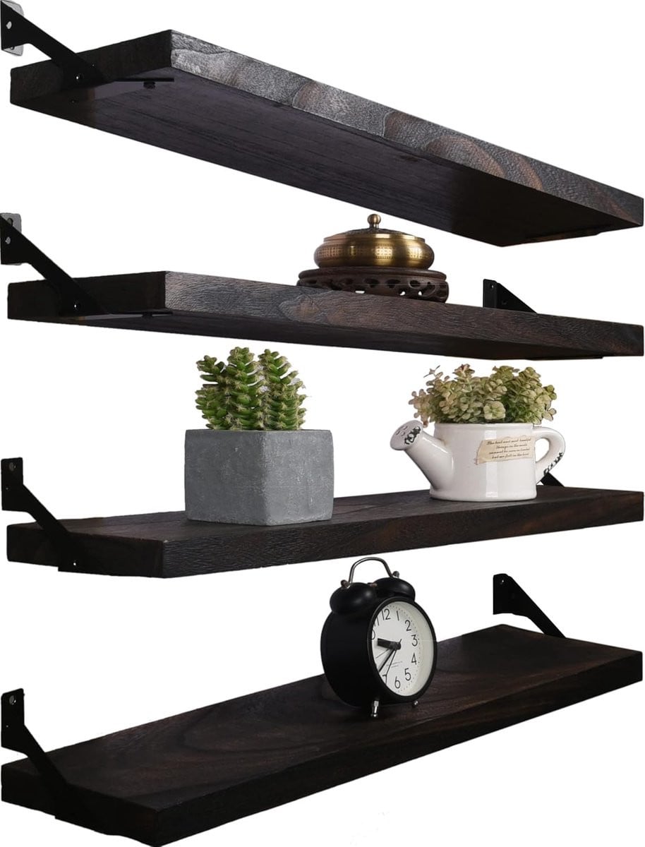 Set van 4 Rustieke Zwevende Houten Wandplanken - Donkerbruin voor Keuken, Badkamer en Woonkamer