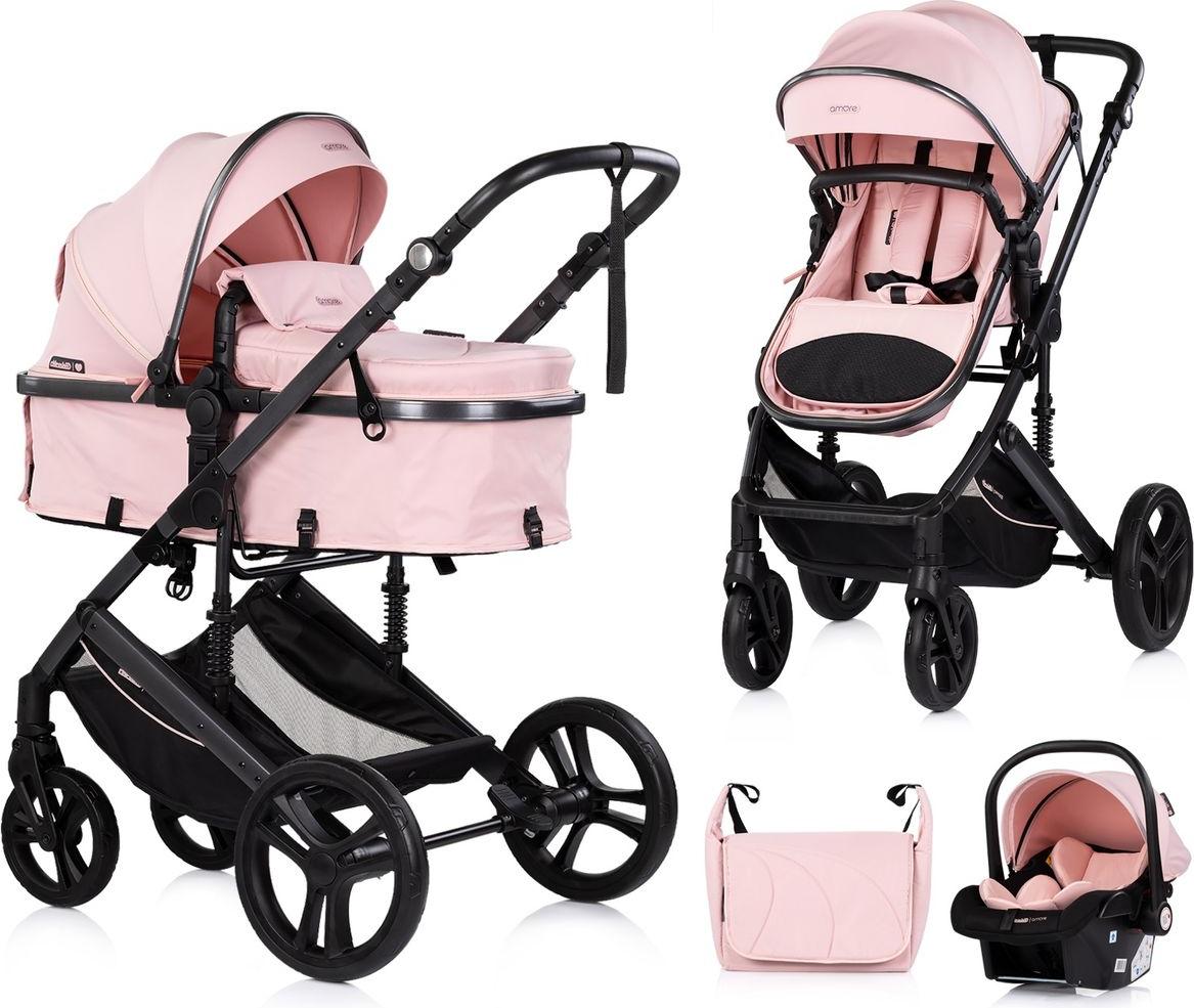 Chipolino Kinderwagen 3 in 1 Amore Babyschale Adapter Wickeltasche Fußabdeckung rosa pink