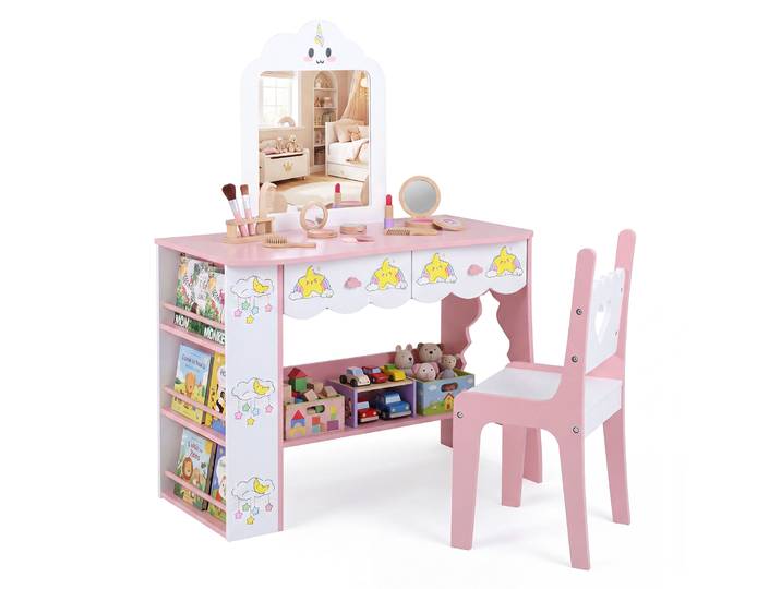 Coiffeuse Enfant Avec Chaise Ajouré Cœur\, Table De Maquillage Féerique Avec Miroir Forme Nuage & Tabouret\, 2 Tiroirs\, Bibliothèque 3 Niveaux