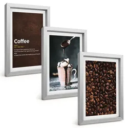BILDER SET 3er Set - 20x30 cm Silberner Rahmen - Kaffeegetränk mit Schlagsahne