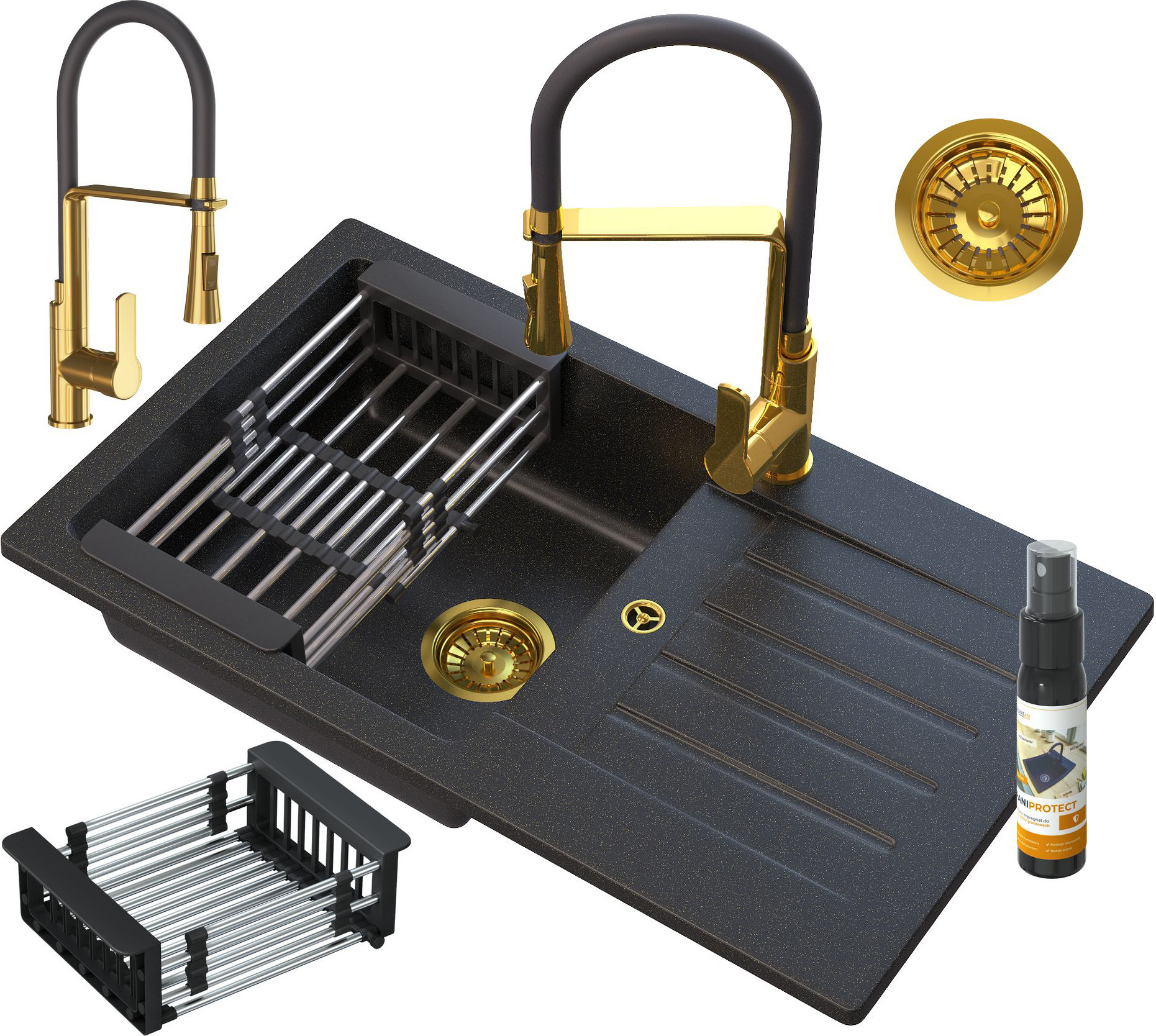 Granitan - Granitspüle - Küchenspüle - Schwarz-Gold - mit Armatur und Abtropfgestell - Spülbecken - TRIX