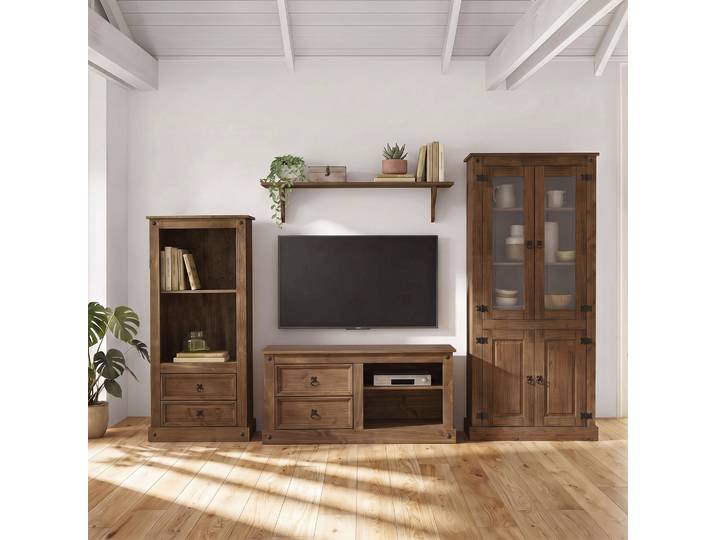 Wohnwand GOODPRODUCT Mexiko Vitrine, Regal und TV-Board mit Metallgriffen , braun (dunkel gewachst), B:266cm H:140cm T:50cm, Kastenmöbel-Sets, Wohnwand, bestehend aus 1 Vitrine, 1 Lowboard und 1 Regal, ohne Wandboard