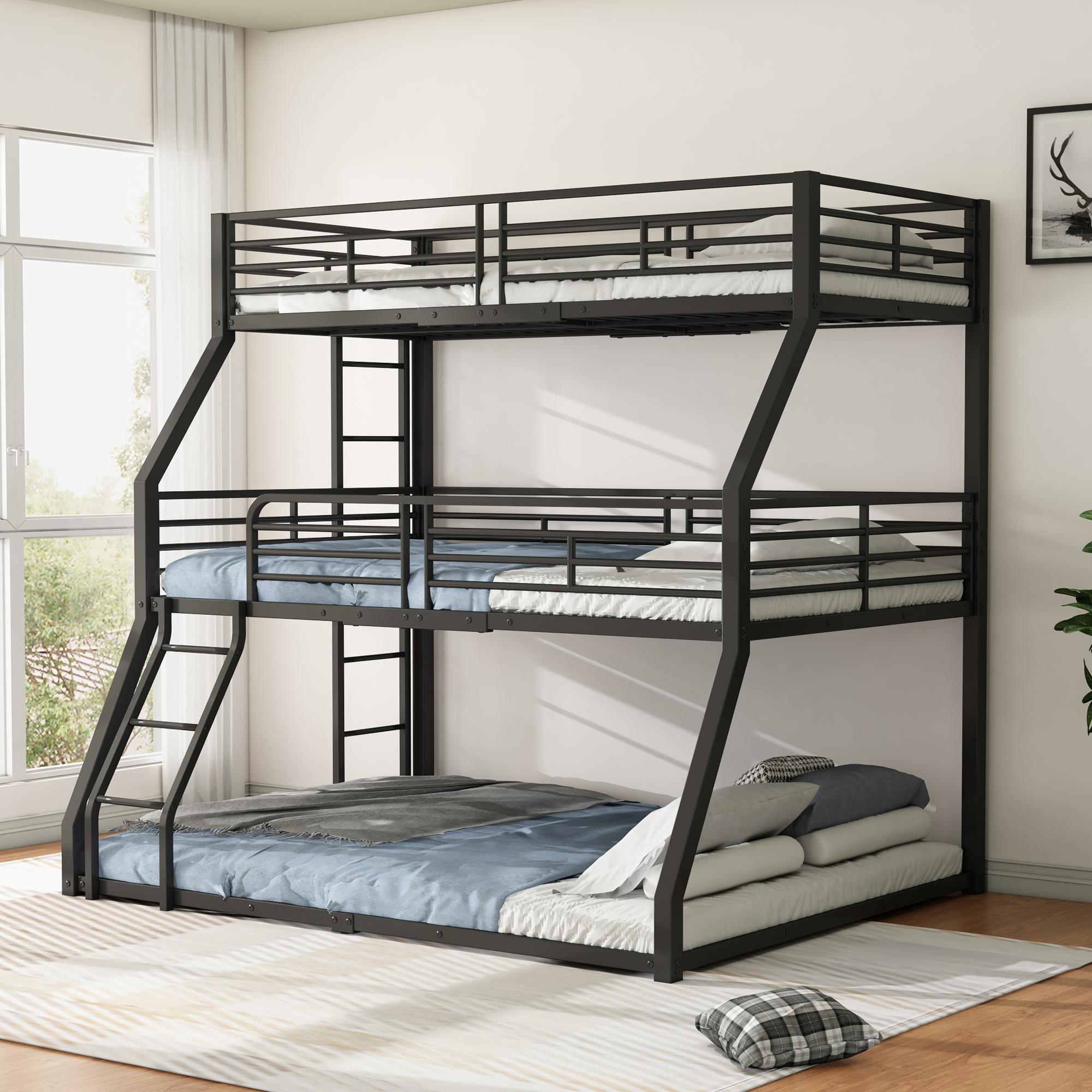 Merax Dreifach-Etagenbett 90x200, 120x200, 140x200, Metallrahmen mit 2 Leitern, Stockbett, Kinderbett, Jugendbett, Eisenbett, Schwarz