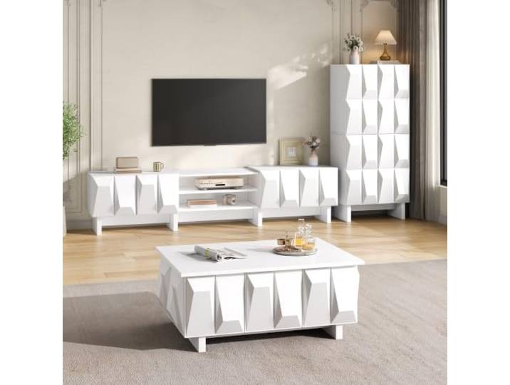 BXEYXE Wohnzimmermöbel Set mit 3D-Front, Couchtisch, TV-Lowboard und Sideboard, modernes Möbel-Set aus PB, geometrisches Design