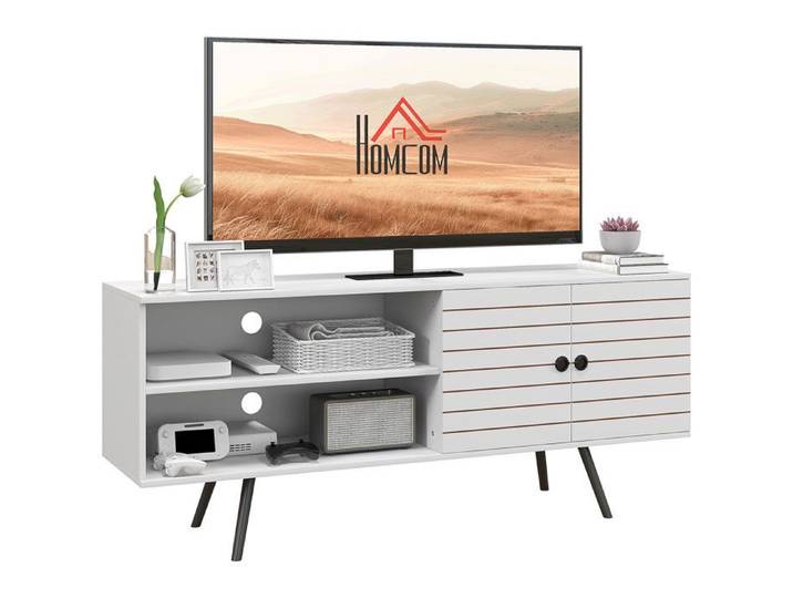 Meuble TV - Meuble TV haut - 145 x 38 x 65 cm - Blanc - Étagères réglables - Étagères ouvertes - 2 étagères - TV jusqu'à 65 pouces