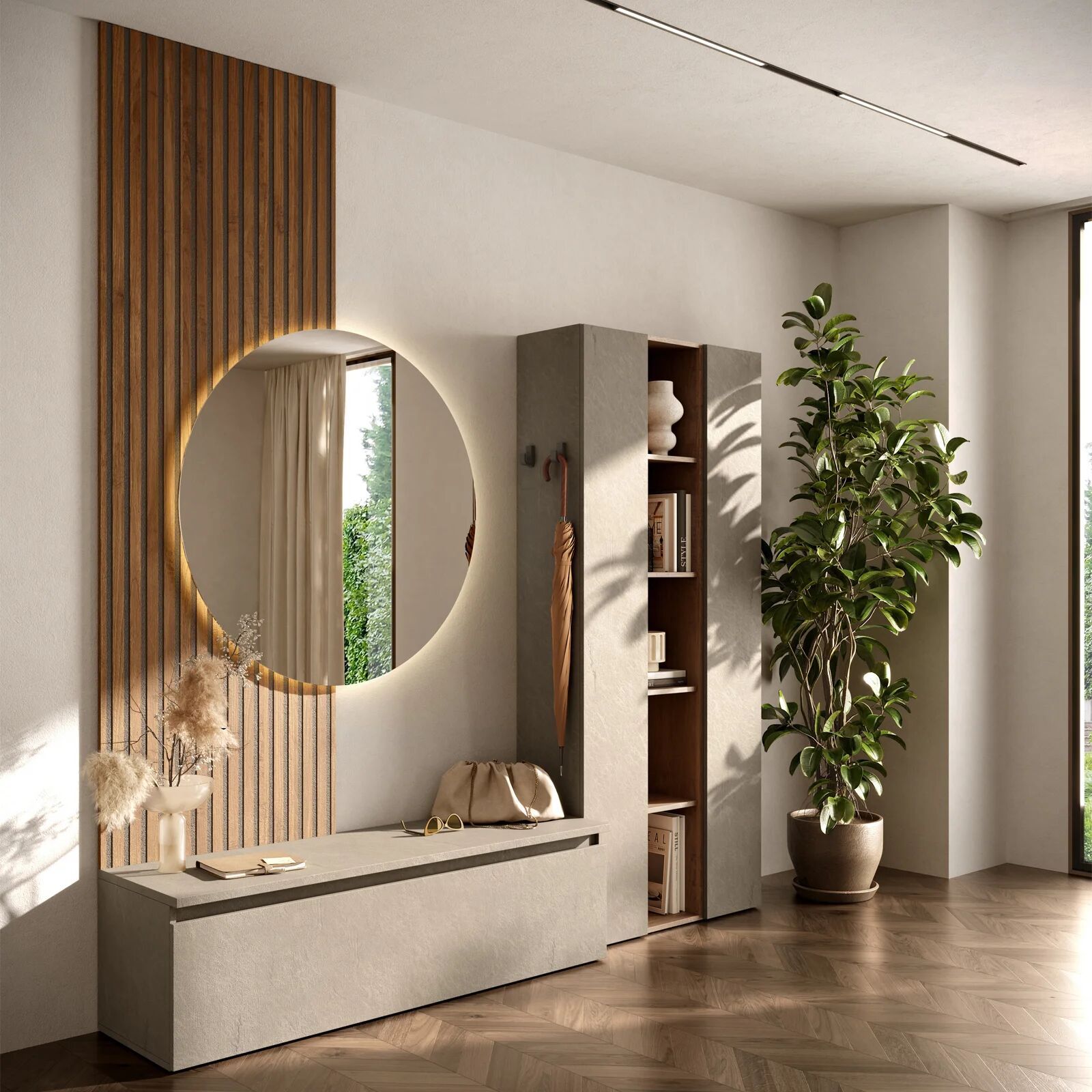garneroarredamenti Mobile ingresso 222x220h cm pannello cannettato tortora rovere chiaro Sunset Decor 1016